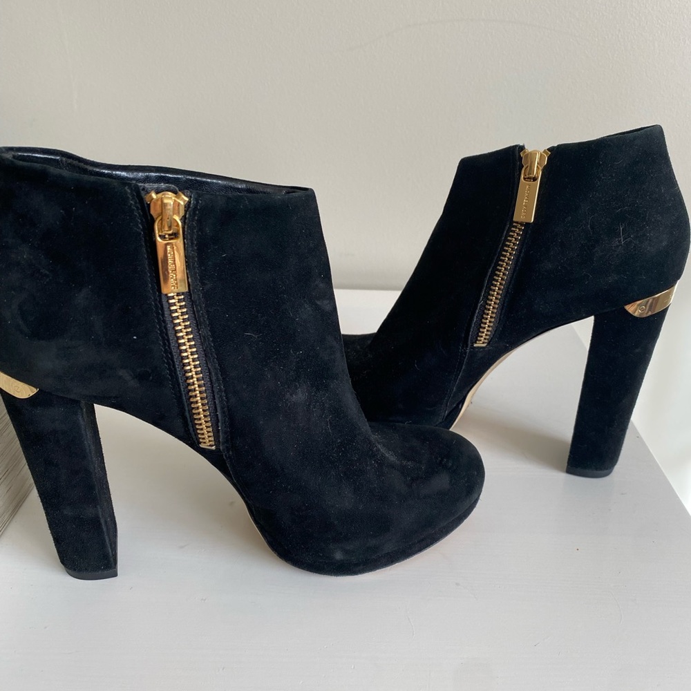 Michael Kors Suede Platform Booties with Gold Details
